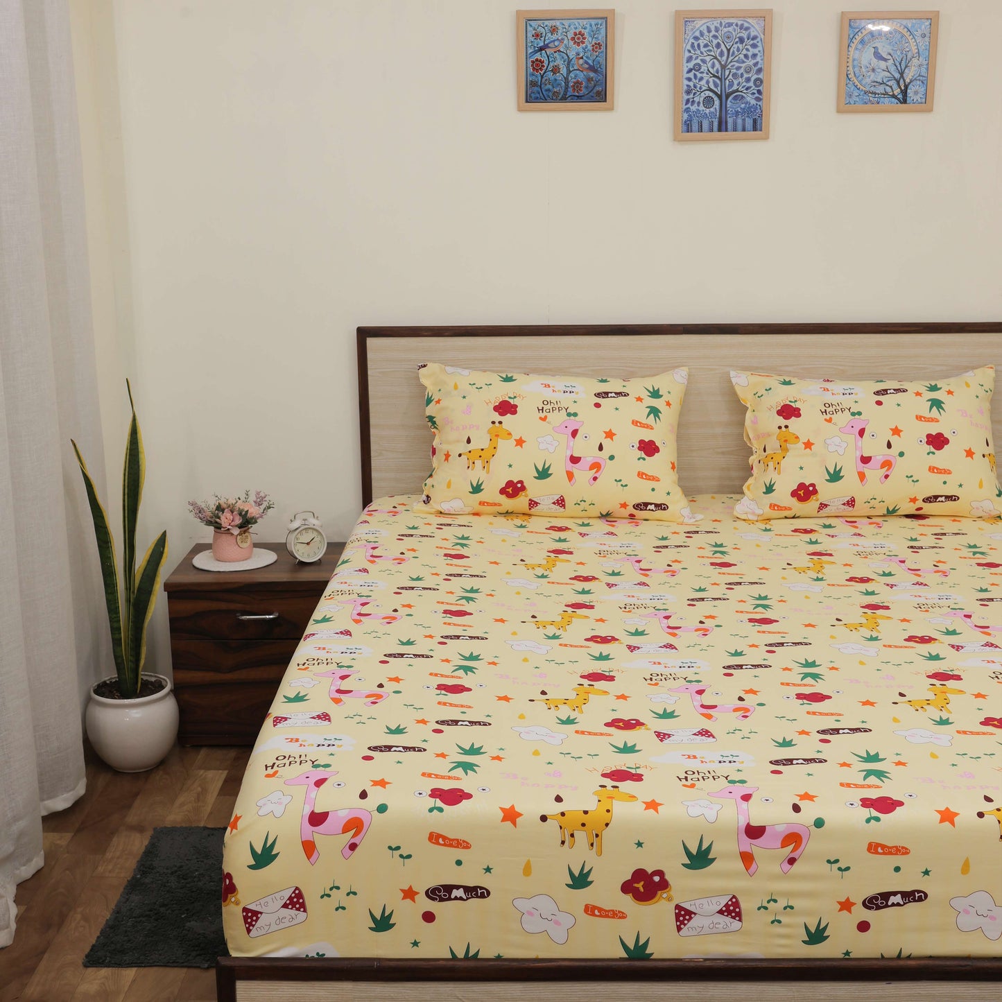 Super Soft Microfiber Fitted Bedsheet | All-Round Elastic | 10-Inch Deep Pocket | Fade, Stain & Wrinkle Resistant | 2 Pillow Covers (Happy Safari Print)