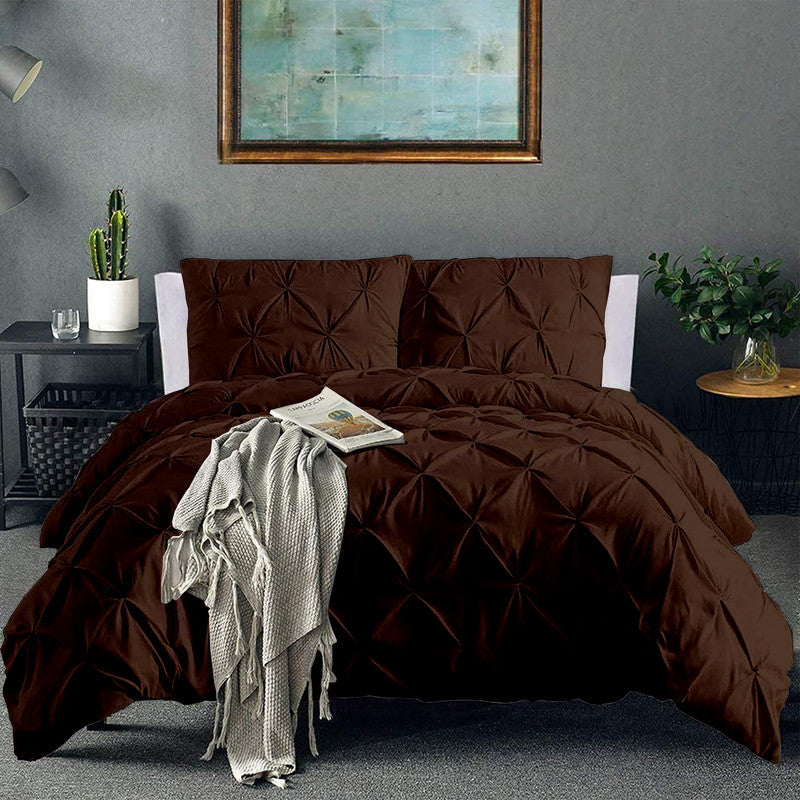 Cotton Pinch Pleated Duvet Cover Set | Silky Soft Sateen Weave | Breathable Long Staple Cotton Bedding with Zipper Closure | 3-Piece Set (1 Duvet Cover + 2 Pillowcases) Chocolate