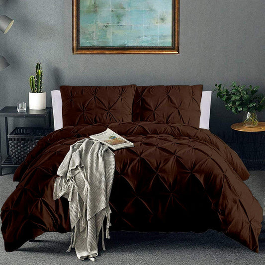 Cotton Pinch Pleated Duvet Cover Set | Silky Soft Sateen Weave | Breathable Long Staple Cotton Bedding with Zipper Closure | 3-Piece Set (1 Duvet Cover + 2 Pillowcases) Chocolate