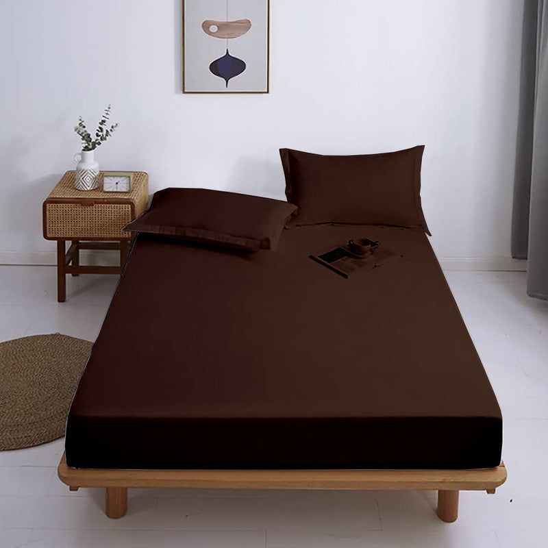 Premium 100% Giza Cotton Fitted Bedsheet with 2 Pillow Covers | All-Round Elastic | 10-Inch Deep Pocket (Chocolate)