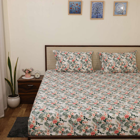 Super Soft Microfiber Fitted Bedsheet | All-Round Elastic | 10-Inch Deep Pocket | Fade, Stain & Wrinkle Resistant | 2 Pillow Covers (Petal dream Print)