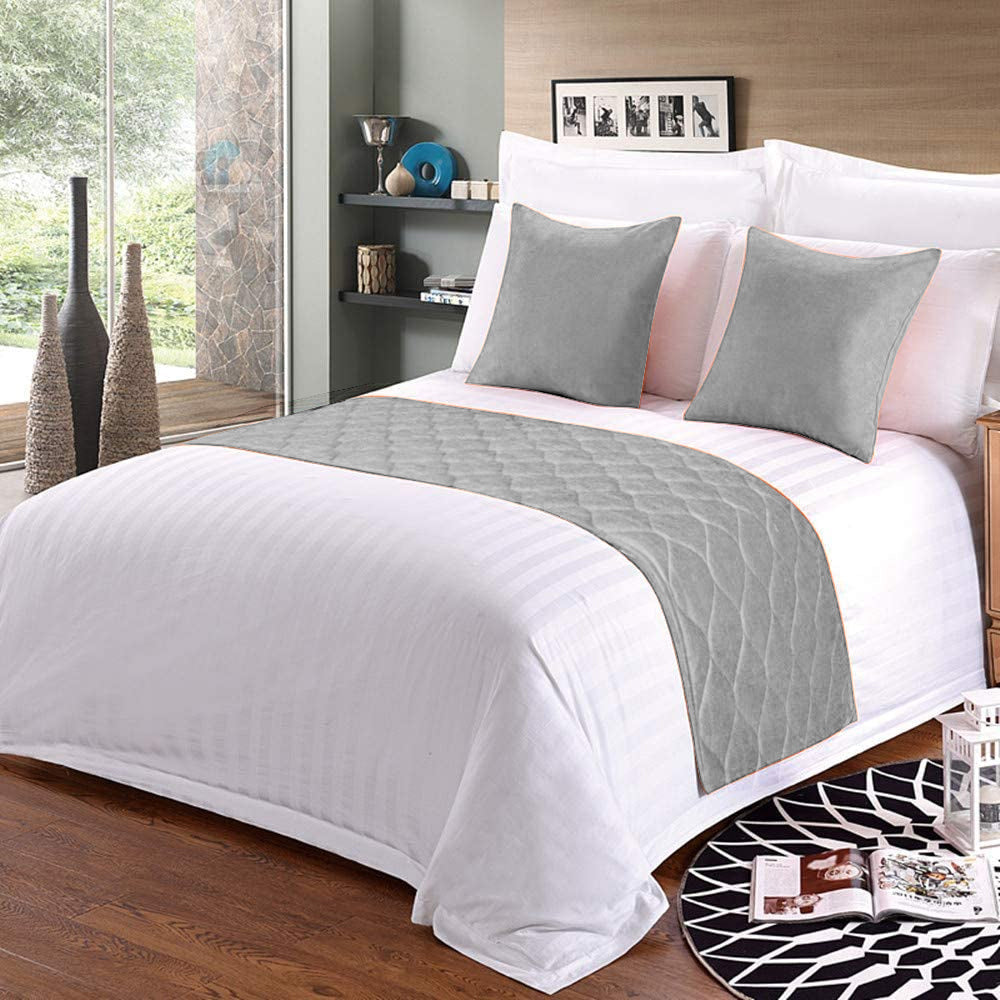 100% Microfiber Bed Runner with 2 Matching Cushion Covers | Decorative Bed Scarf & Protector Slipcover for Bedrooms, Hotels & Guest Rooms - Light Grey