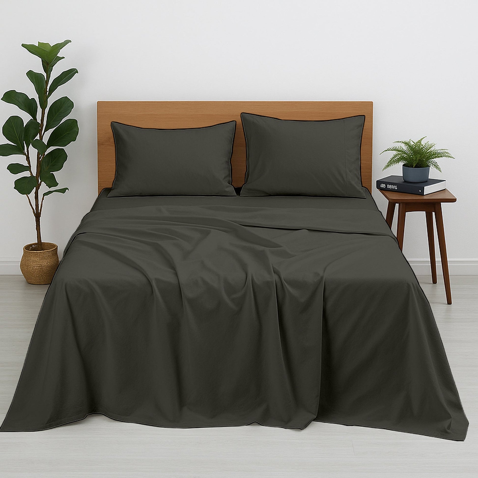 Premium 100% Cotton 4-Piece Bed Sheet Set | 400 TC | Flat Sheet, Elastic Fitted Sheet & 2 Pillow Covers | 10-Inch Deep Pocket (Dark Grey)