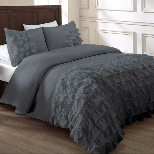 Cotton Waterfall Duvet Cover Set | Silky Soft Sateen Weave | Breathable Long Staple Cotton Bedding with Zipper Closure | 3-Piece Set (1 Duvet Cover + 2 Pillowcases) Dark Grey