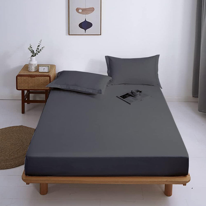 Premium 100% Cotton Fitted Bedsheet with 2 Pillow Covers | All-Round Elastic | 10-Inch Deep Pocket (Dark Grey)