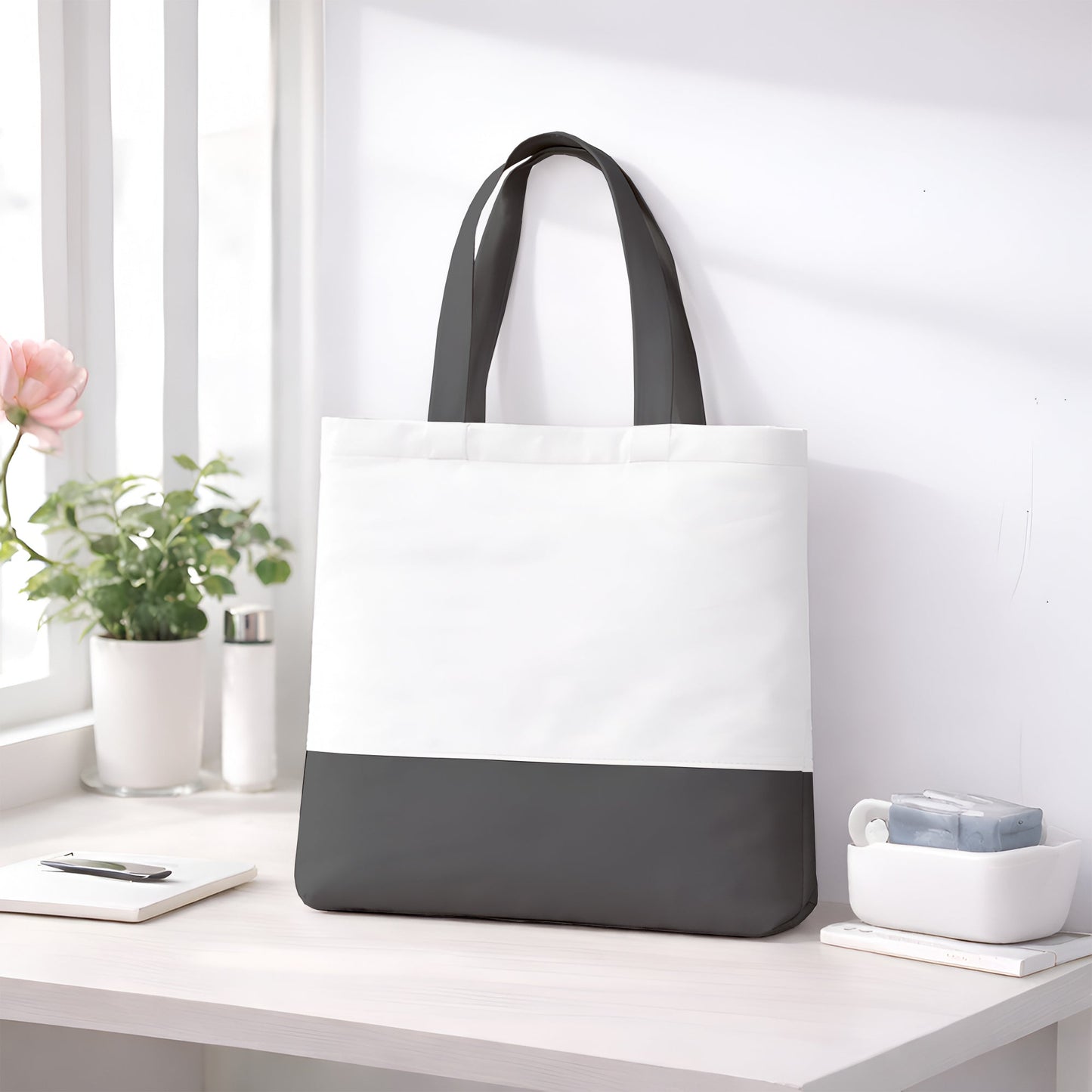 Premium Quality 100% Cotton Tote Bag 13 x 15 Inch – Reusable Eco-Friendly Canvas Shopping, Travel & Daily Carry Bag (Dark Grey/White)