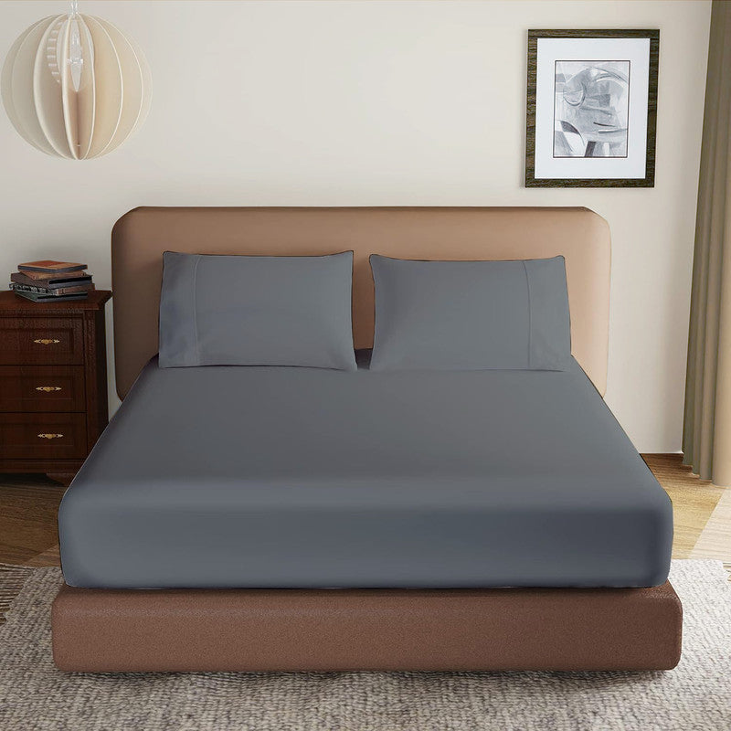 Luxury Microfiber All Round Elastic Fitted Bedsheets with 2 Pillow Covers | 10 Inch Deep Pocket Wrinkle, Fade, Stain Resistant (Dark Grey)