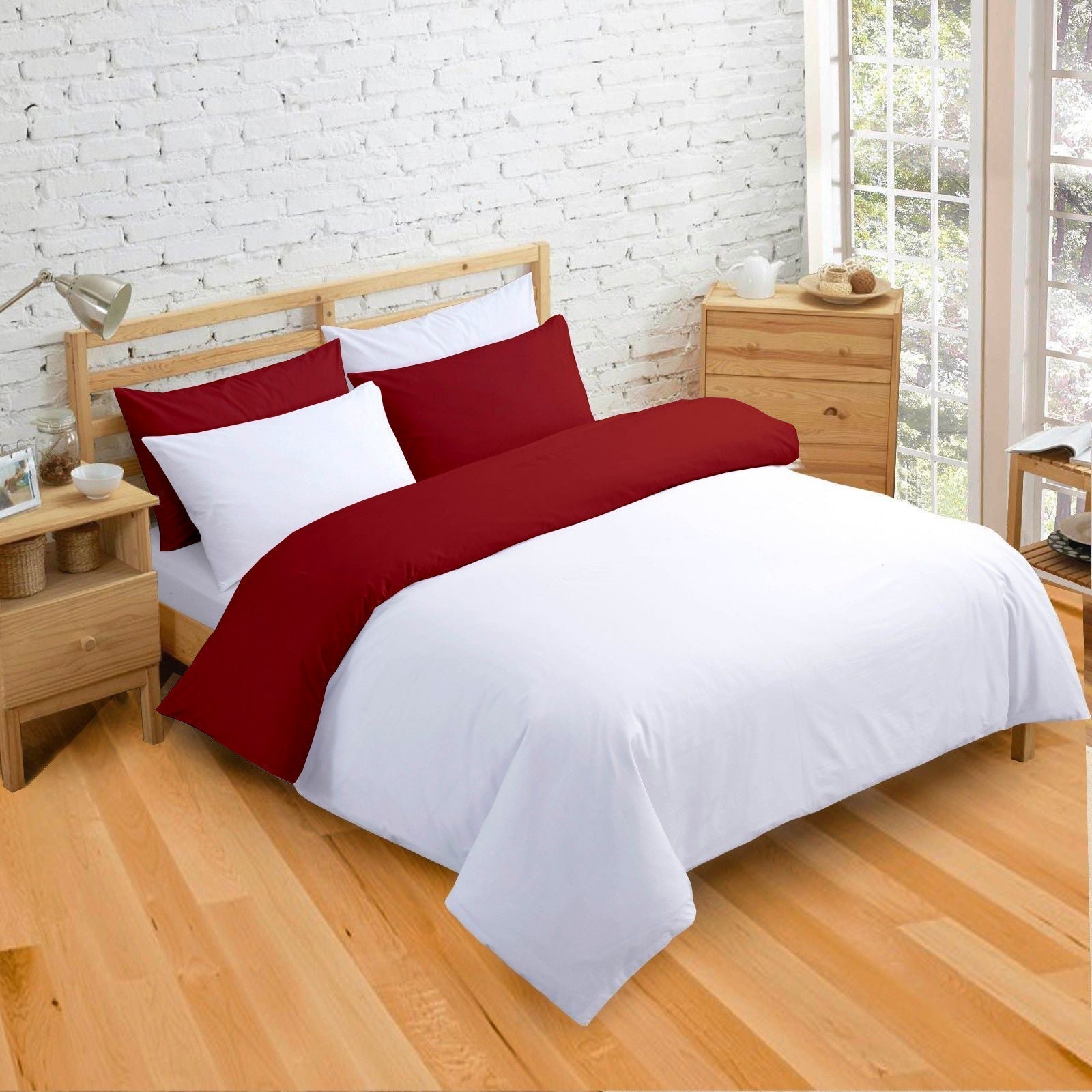 Cotton Reversible Duvet Cover Set | Silky Soft Sateen Weave | Breathable Long Staple Cotton Bedding with Zipper Closure | 3-Piece Set (1 Duvet Cover + 2 Pillowcases) Burgundy/White