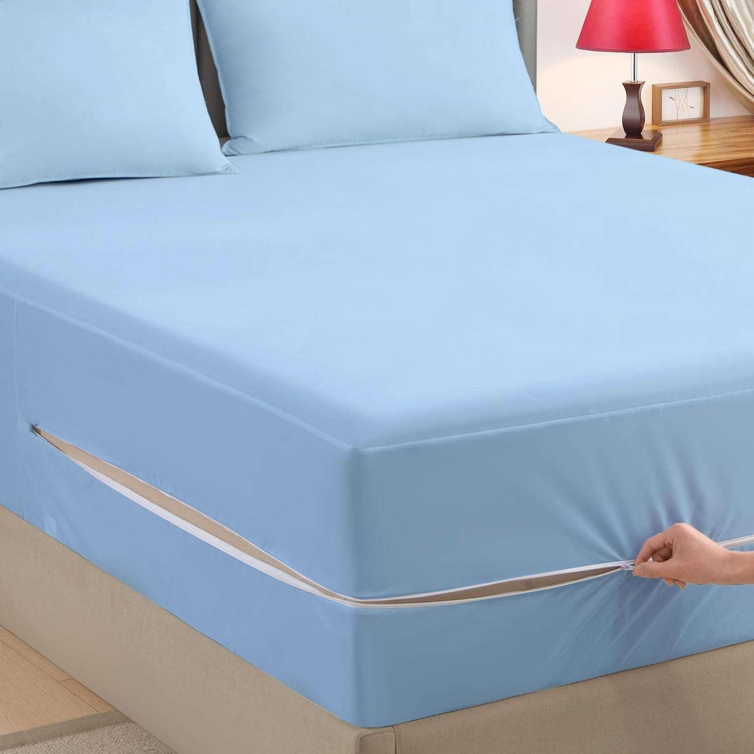 Zipper Fitted Sheet | Super Soft Microfiber | Wrinkle, Fade & Stain Resistant | Hypoallergenic Hotel Luxury Bedding | 1 Piece Only (Light Blue)