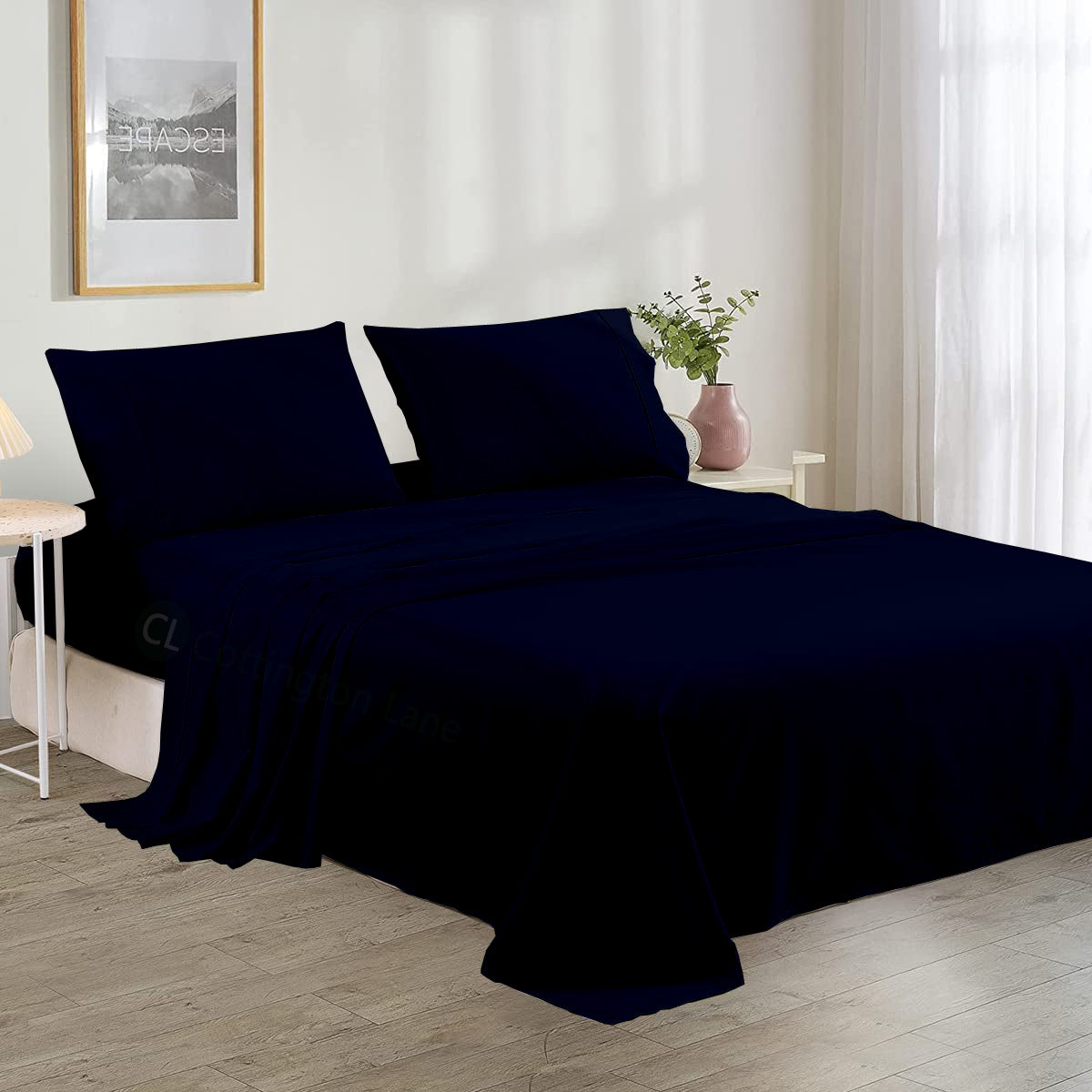 Luxury Microfiber 4-Piece Bedsheet Set | Soft & Breathable | Flat Sheet, Fitted Sheet (10" Deep) & 2 Pillow Covers (Navy Blue)