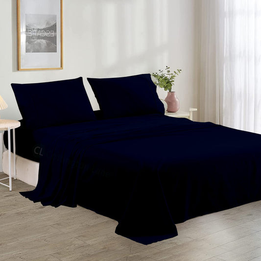 Luxury Microfiber 4-Piece Bedsheet Set | Soft & Breathable | Flat Sheet, Fitted Sheet (10" Deep) & 2 Pillow Covers (Navy Blue)