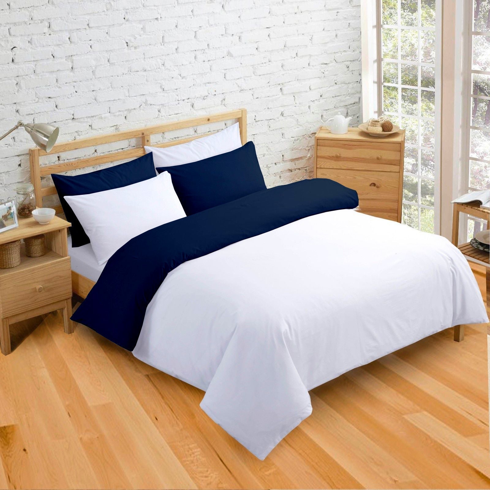 Cotton Reversible Duvet Cover Set | Silky Soft Sateen Weave | Breathable Long Staple Cotton Bedding with Zipper Closure | 3-Piece Set (1 Duvet Cover + 2 Pillowcases) Navy Blue/White