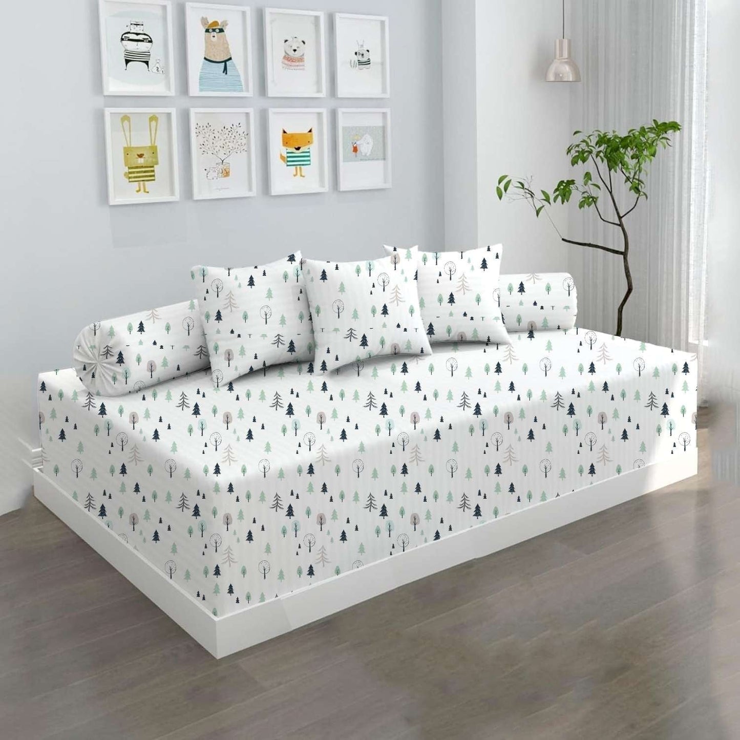 100% Microfiber 6 Pieces Diwan Set - Single bedsheet, 3 Cushions Covers and 2 Bolster Covers ( Diwan Sheet-60 X 90 Inches, Cushion Cover-16 X 16 Inches, Bolster Cover-16 X 32 Inches) (Winter Forest Print)