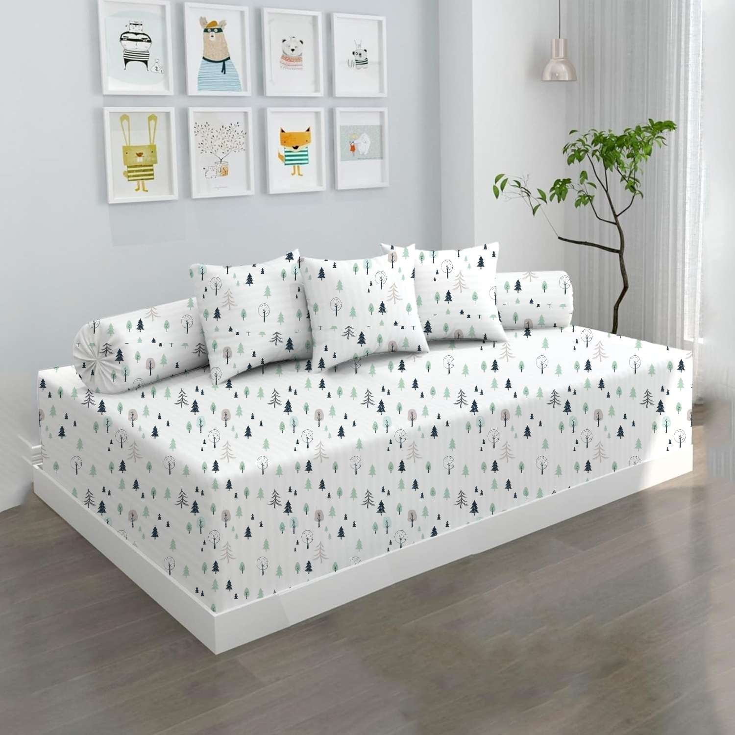 100% Microfiber 6 Pieces Diwan Set - Single bedsheet, 3 Cushions Covers and 2 Bolster Covers ( Diwan Sheet-60 X 90 Inches, Cushion Cover-16 X 16 Inches, Bolster Cover-16 X 32 Inches) (Winter Forest Print)