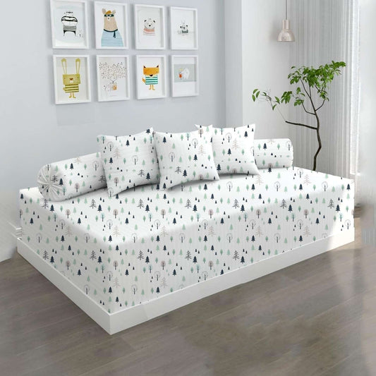 100% Microfiber 6 Pieces Diwan Set - Single bedsheet, 3 Cushions Covers and 2 Bolster Covers ( Diwan Sheet-60 X 90 Inches, Cushion Cover-16 X 16 Inches, Bolster Cover-16 X 32 Inches) (Winter Forest Print)