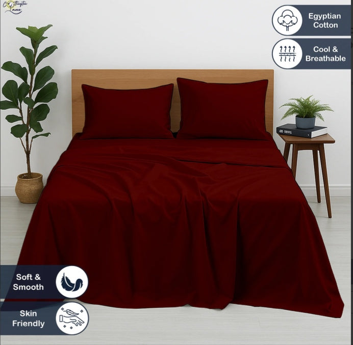 Premium 100% Cotton 4-Piece Bed Sheet Set | 400 TC | Flat Sheet, Elastic Fitted Sheet & 2 Pillow Covers | 10-Inch Deep Pocket (Burgundy)