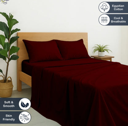 Premium 100% Cotton 4-Piece Bed Sheet Set | 400 TC | Flat Sheet, Elastic Fitted Sheet & 2 Pillow Covers | 10-Inch Deep Pocket (Burgundy)