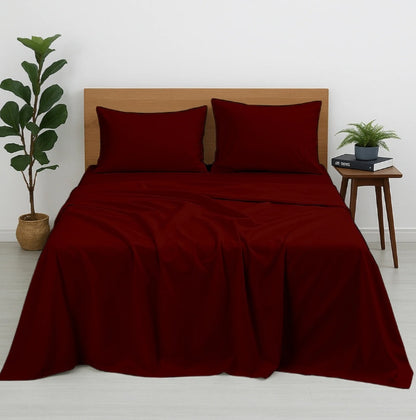 Premium 100% Cotton 4-Piece Bed Sheet Set | 400 TC | Flat Sheet, Elastic Fitted Sheet & 2 Pillow Covers | 10-Inch Deep Pocket (Burgundy)