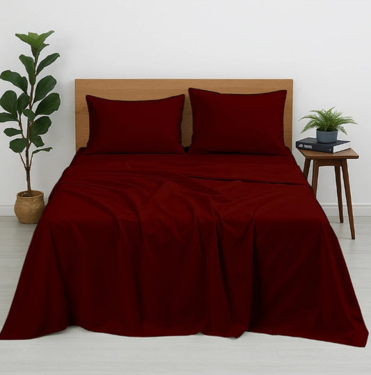 Premium 100% Cotton 4-Piece Bed Sheet Set | 400 TC | Flat Sheet, Elastic Fitted Sheet & 2 Pillow Covers | 10-Inch Deep Pocket (Burgundy)