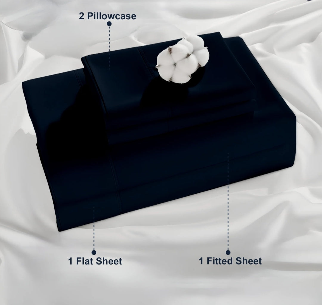 Premium 100% Cotton 4-Piece Bed Sheet Set | 400 TC | Flat Sheet, Elastic Fitted Sheet & 2 Pillow Covers | 10-Inch Deep Pocket (Navy Blue)
