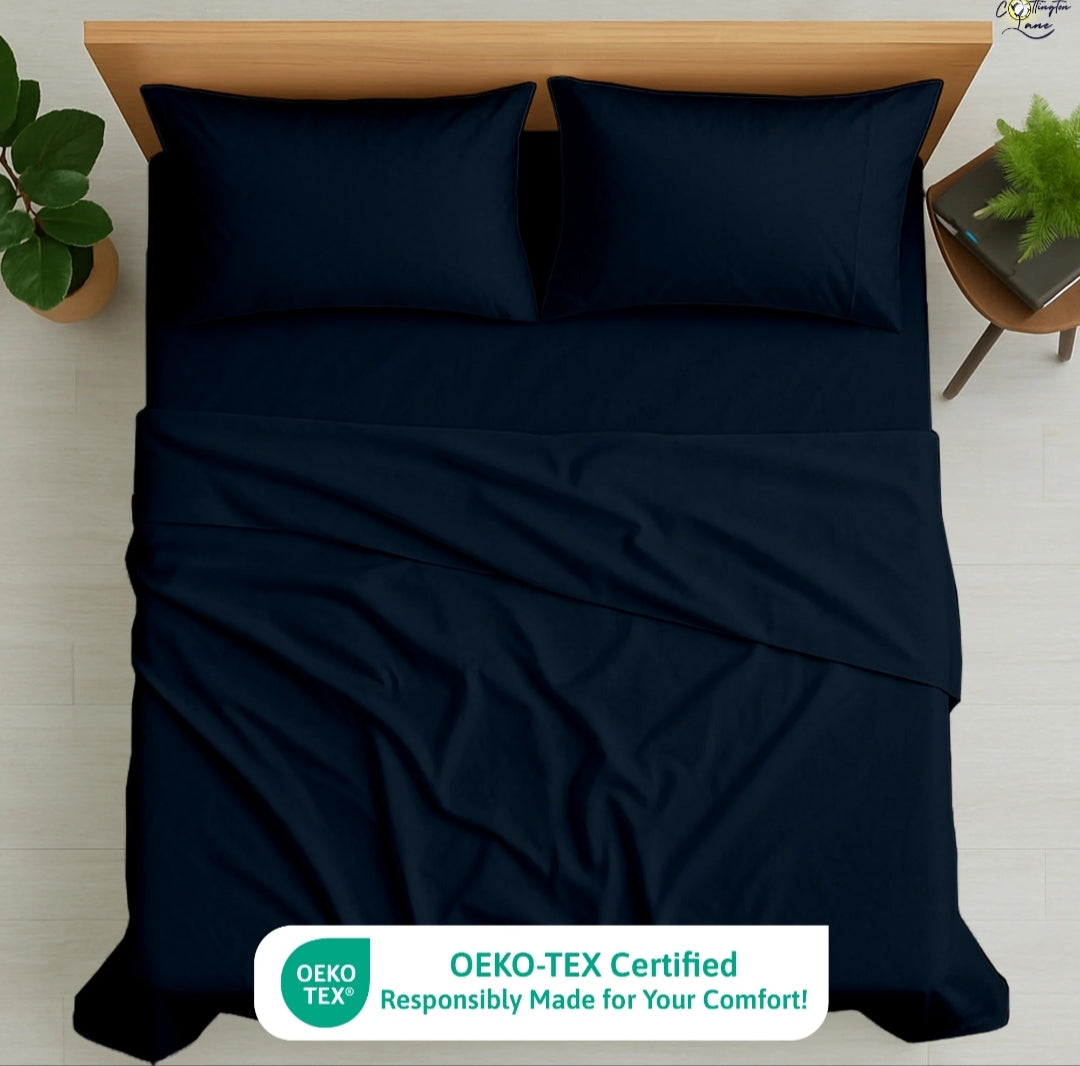 Premium 100% Cotton 4-Piece Bed Sheet Set | 400 TC | Flat Sheet, Elastic Fitted Sheet & 2 Pillow Covers | 10-Inch Deep Pocket (Navy Blue)