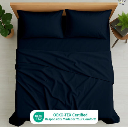 Premium 100% Cotton 4-Piece Bed Sheet Set | 400 TC | Flat Sheet, Elastic Fitted Sheet & 2 Pillow Covers | 10-Inch Deep Pocket (Navy Blue)