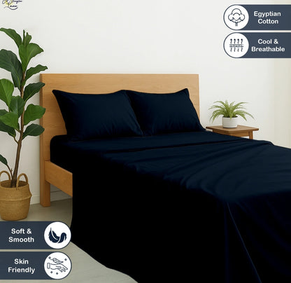Premium 100% Cotton 4-Piece Bed Sheet Set | 400 TC | Flat Sheet, Elastic Fitted Sheet & 2 Pillow Covers | 10-Inch Deep Pocket (Navy Blue)
