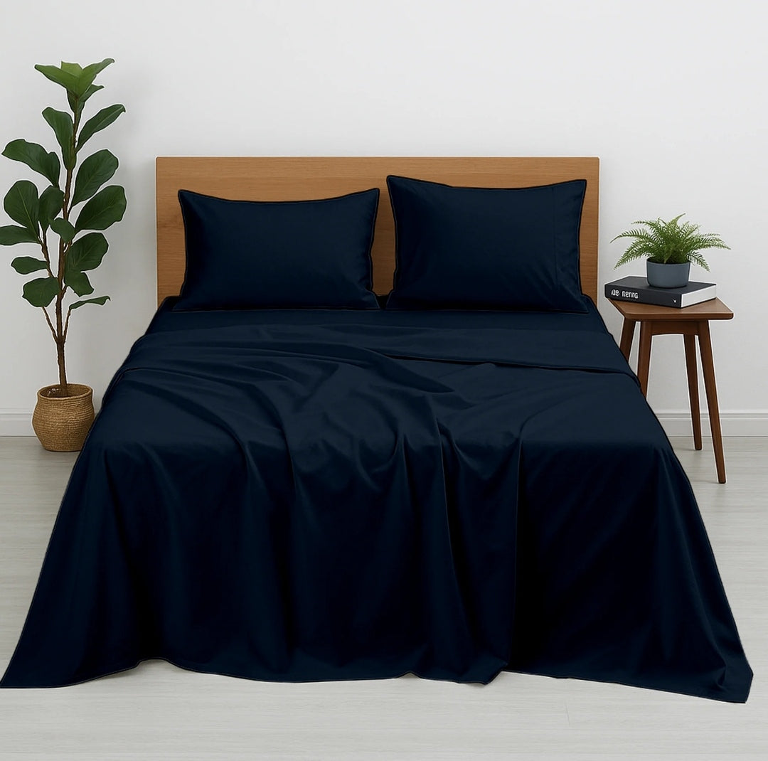 Premium 100% Cotton 4-Piece Bed Sheet Set | 400 TC | Flat Sheet, Elastic Fitted Sheet & 2 Pillow Covers | 10-Inch Deep Pocket (Navy Blue)