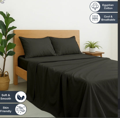 Premium 100% Cotton 4-Piece Bed Sheet Set | 400 TC | Flat Sheet, Elastic Fitted Sheet & 2 Pillow Covers | 10-Inch Deep Pocket (Dark Grey)