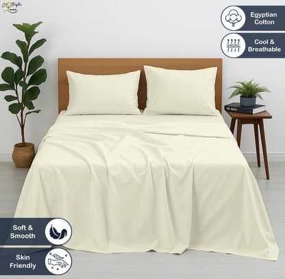 Premium 100% Cotton 4-Piece Bed Sheet Set | 400 TC | Flat Sheet, Elastic Fitted Sheet & 2 Pillow Covers | 10-Inch Deep Pocket (Ivory)