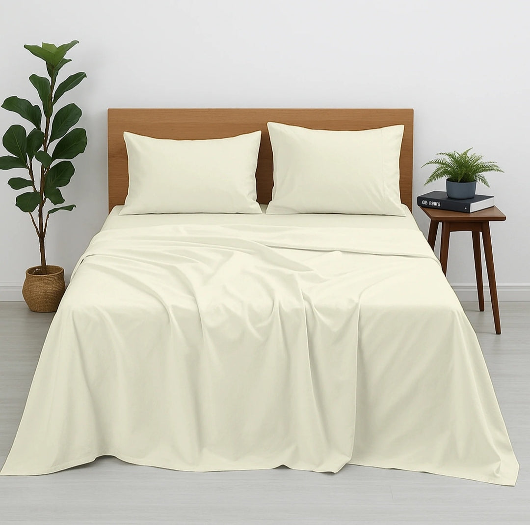 Premium 100% Cotton 4-Piece Bed Sheet Set | 400 TC | Flat Sheet, Elastic Fitted Sheet & 2 Pillow Covers | 10-Inch Deep Pocket (Ivory)