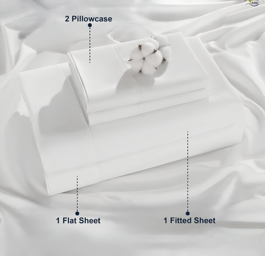 Premium 100% Cotton 4-Piece Bed Sheet Set | 400 TC | Flat Sheet, Elastic Fitted Sheet & 2 Pillow Covers | 10-Inch Deep Pocket (White)