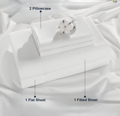 Premium 100% Cotton 4-Piece Bed Sheet Set | 400 TC | Flat Sheet, Elastic Fitted Sheet & 2 Pillow Covers | 10-Inch Deep Pocket (White)
