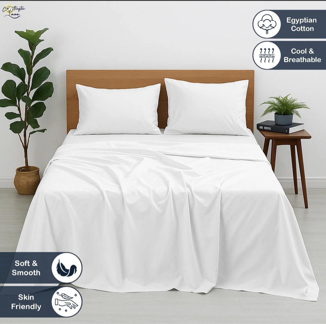 Premium 100% Cotton 4-Piece Bed Sheet Set | 400 TC | Flat Sheet, Elastic Fitted Sheet & 2 Pillow Covers | 10-Inch Deep Pocket (White)