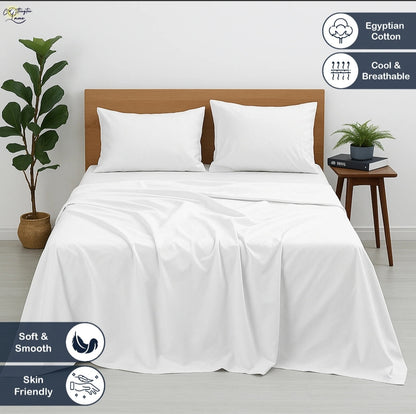 Premium 100% Cotton 4-Piece Bed Sheet Set | 400 TC | Flat Sheet, Elastic Fitted Sheet & 2 Pillow Covers | 10-Inch Deep Pocket (White)