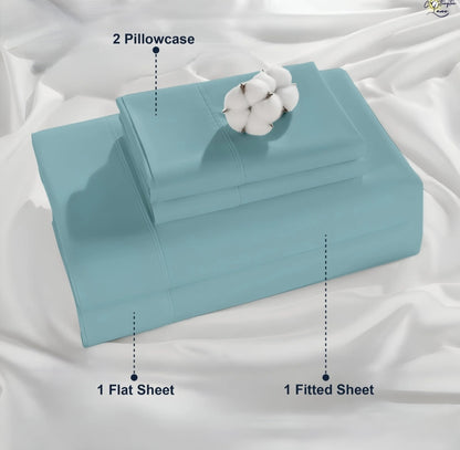 Premium 100% Cotton 4-Piece Bed Sheet Set | 400 TC | Flat Sheet, Elastic Fitted Sheet & 2 Pillow Covers | 10-Inch Deep Pocket (Light Blue)