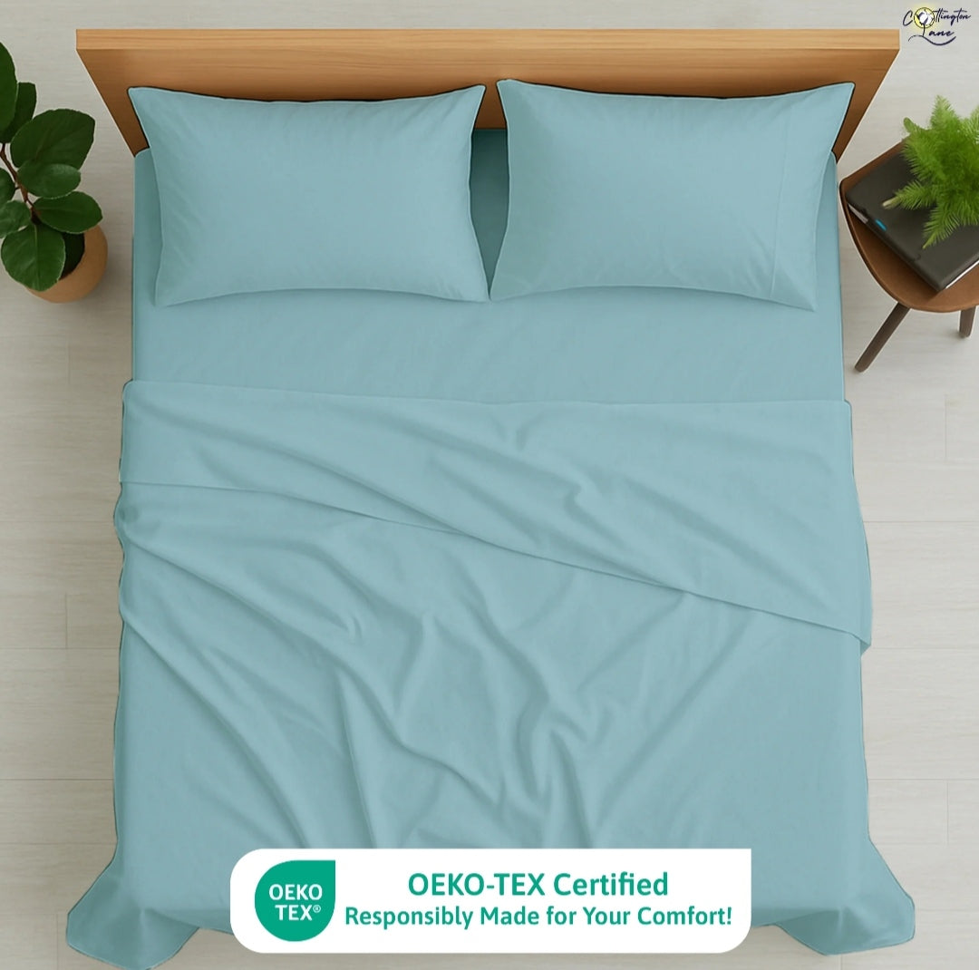 Premium 100% Cotton 4-Piece Bed Sheet Set | 400 TC | Flat Sheet, Elastic Fitted Sheet & 2 Pillow Covers | 10-Inch Deep Pocket (Light Blue)