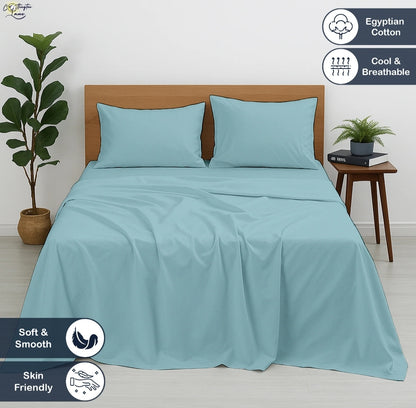 Premium 100% Cotton 4-Piece Bed Sheet Set | 400 TC | Flat Sheet, Elastic Fitted Sheet & 2 Pillow Covers | 10-Inch Deep Pocket (Light Blue)