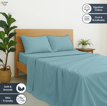 Premium 100% Cotton 4-Piece Bed Sheet Set | 400 TC | Flat Sheet, Elastic Fitted Sheet & 2 Pillow Covers | 10-Inch Deep Pocket (Light Blue)