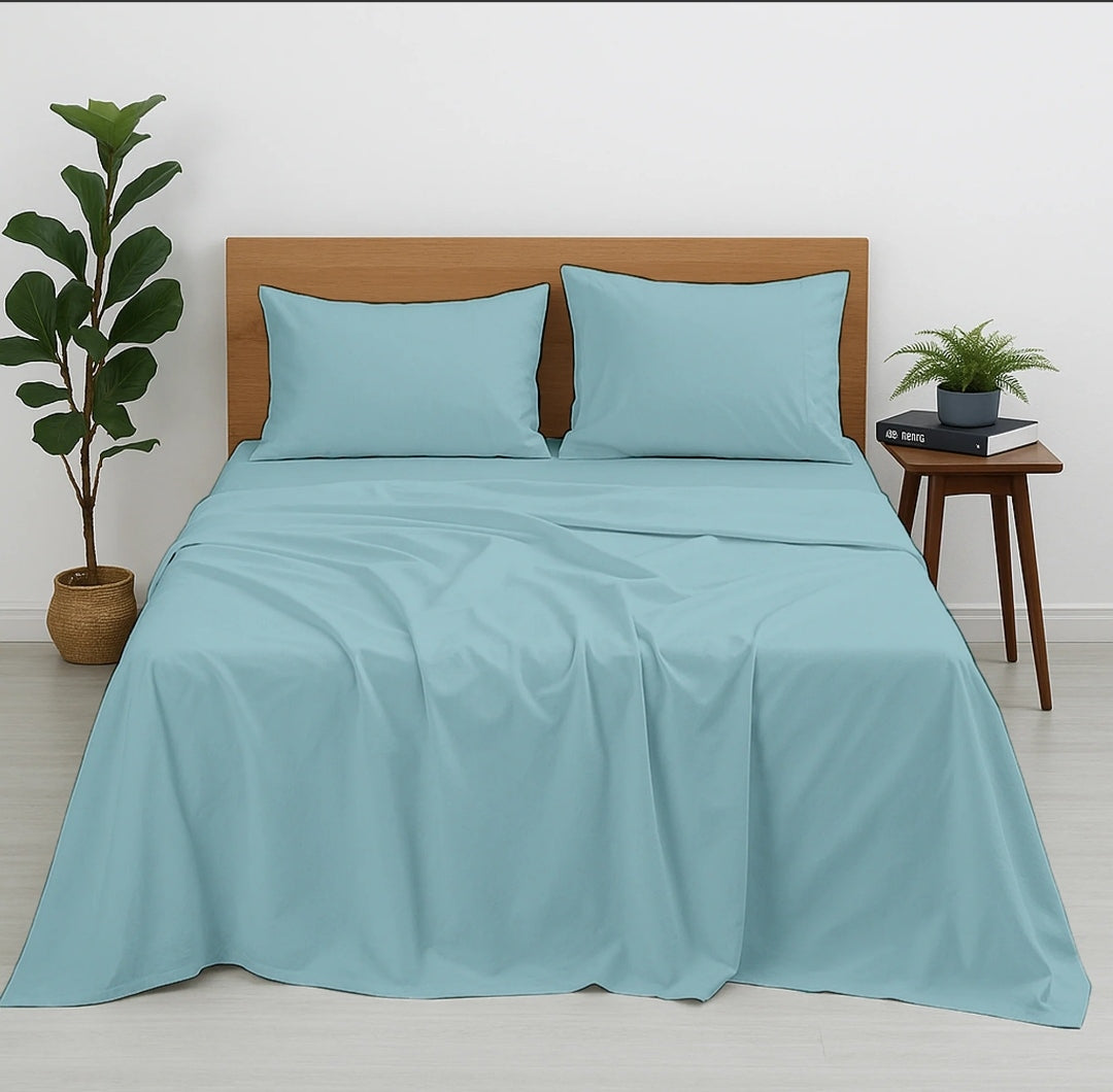 Premium 100% Cotton 4-Piece Bed Sheet Set | 400 TC | Flat Sheet, Elastic Fitted Sheet & 2 Pillow Covers | 10-Inch Deep Pocket (Light Blue)