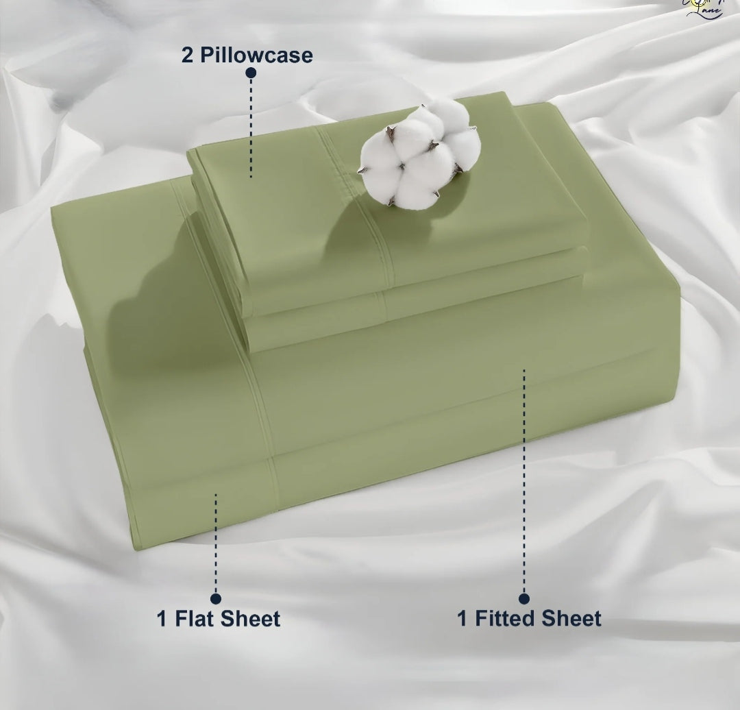 Premium 100% Cotton 4-Piece Bed Sheet Set | 400 TC | Flat Sheet, Elastic Fitted Sheet & 2 Pillow Covers | 10-Inch Deep Pocket (Sage)