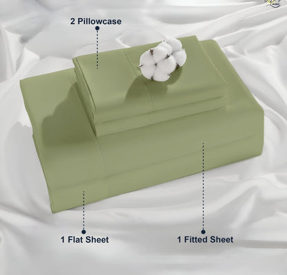 Premium 100% Cotton 4-Piece Bed Sheet Set | 400 TC | Flat Sheet, Elastic Fitted Sheet & 2 Pillow Covers | 10-Inch Deep Pocket (Sage)