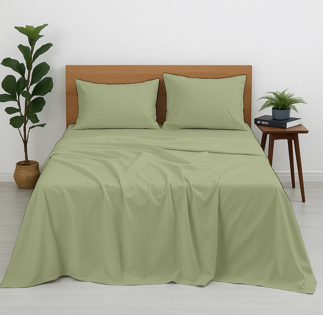 Premium 100% Cotton 4-Piece Bed Sheet Set | 400 TC | Flat Sheet, Elastic Fitted Sheet & 2 Pillow Covers | 10-Inch Deep Pocket (Sage)