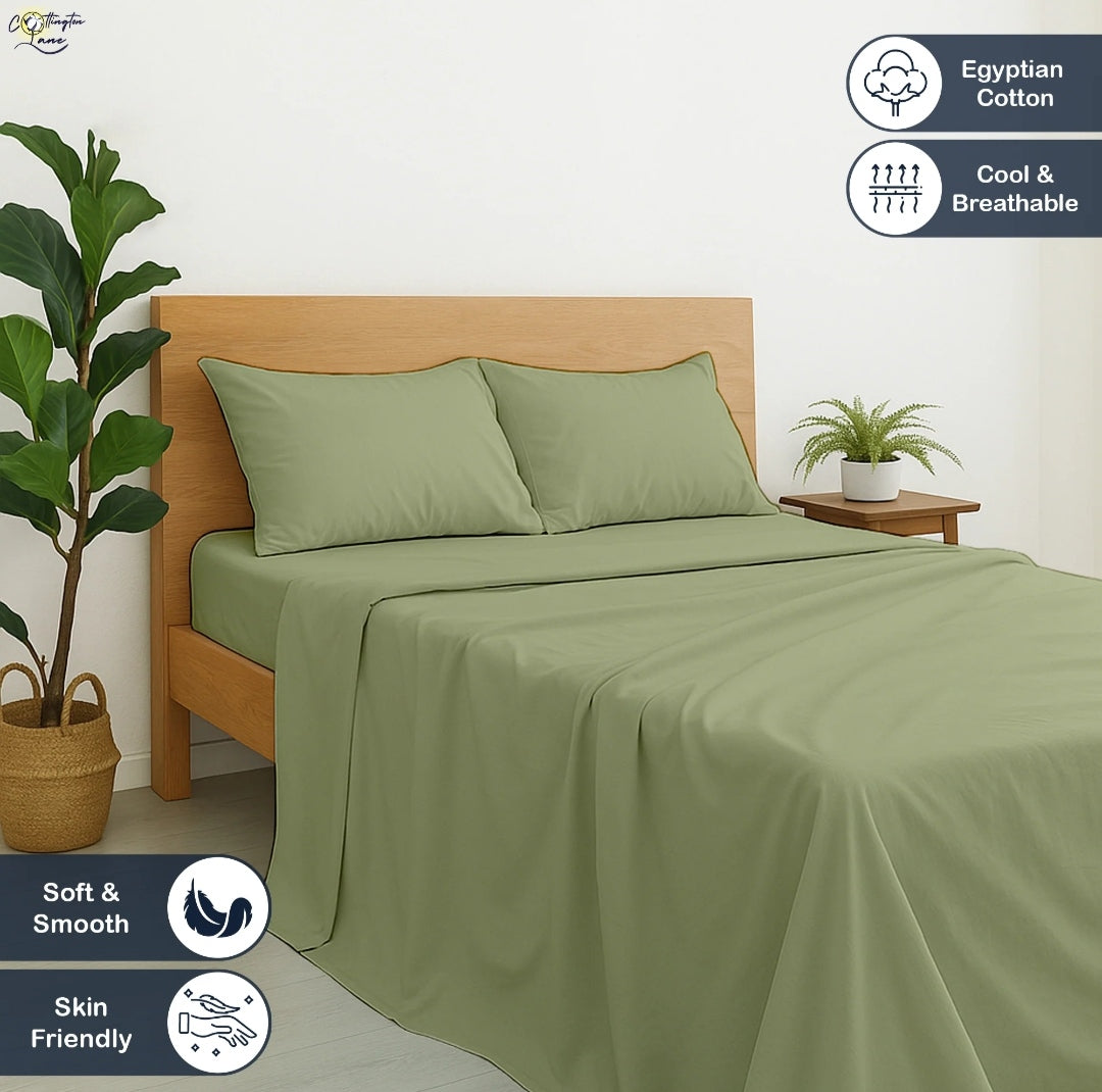 Premium 100% Cotton 4-Piece Bed Sheet Set | 400 TC | Flat Sheet, Elastic Fitted Sheet & 2 Pillow Covers | 10-Inch Deep Pocket (Sage)
