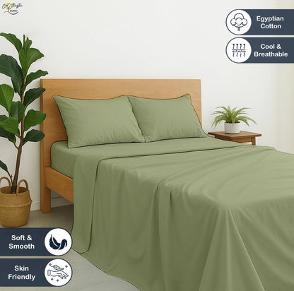 Premium 100% Cotton 4-Piece Bed Sheet Set | 400 TC | Flat Sheet, Elastic Fitted Sheet & 2 Pillow Covers | 10-Inch Deep Pocket (Sage)
