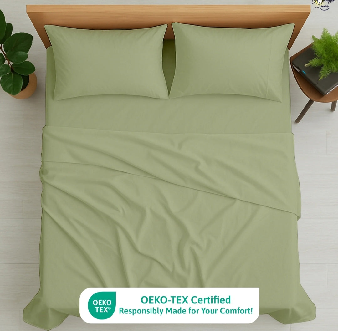 Premium 100% Cotton 4-Piece Bed Sheet Set | 400 TC | Flat Sheet, Elastic Fitted Sheet & 2 Pillow Covers | 10-Inch Deep Pocket (Sage)