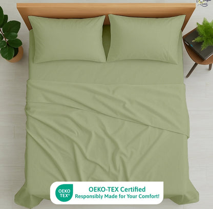 Premium 100% Cotton 4-Piece Bed Sheet Set | 400 TC | Flat Sheet, Elastic Fitted Sheet & 2 Pillow Covers | 10-Inch Deep Pocket (Sage)