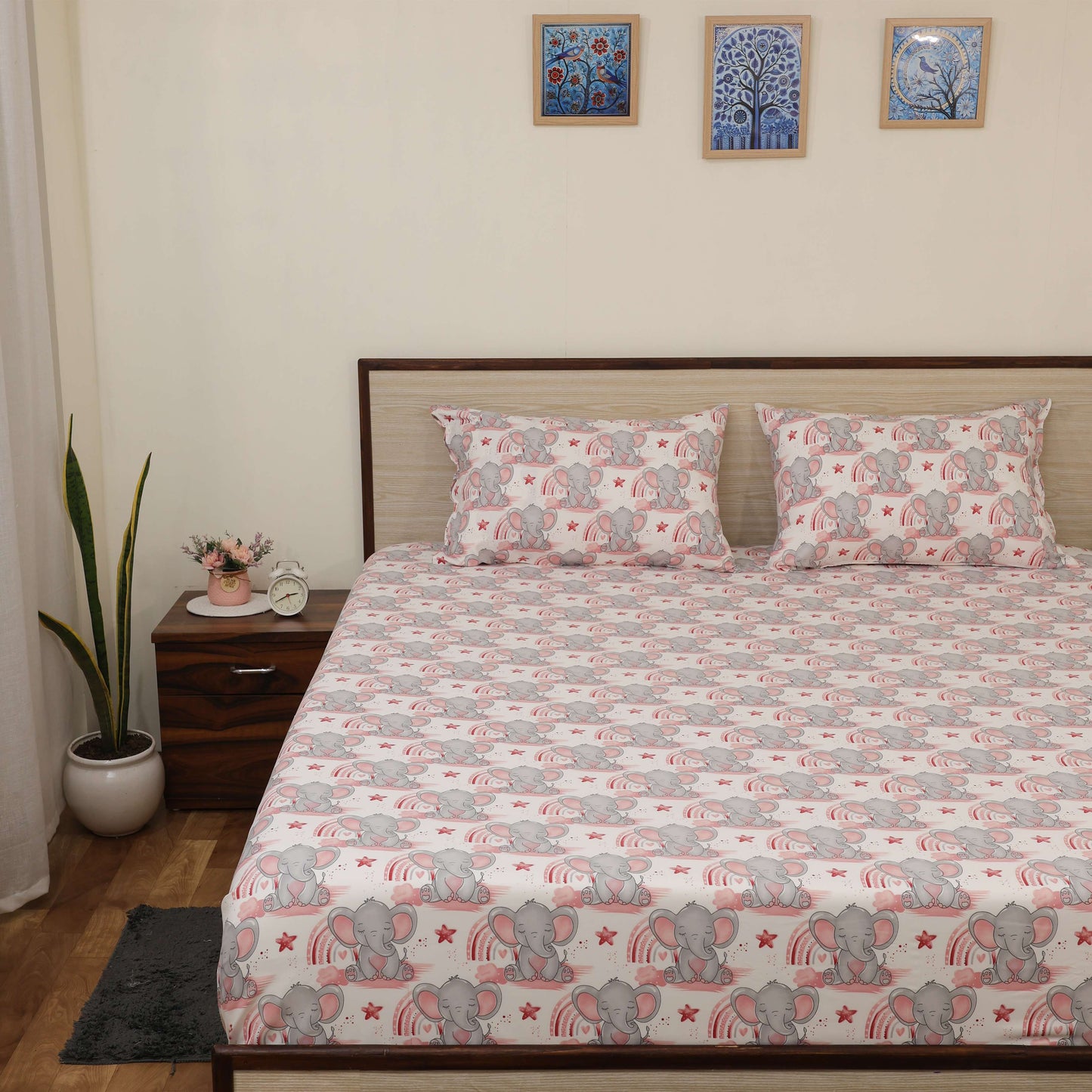 Luxury 1800 Brushed Microfiber 4PCs Printed Bedsheet chadar Set - Soft and Breathable - 1 Flat Sheet, 1 Fitted Sheet with 2 Pillow Cover - 10" Drop (Cute Elephant Print)