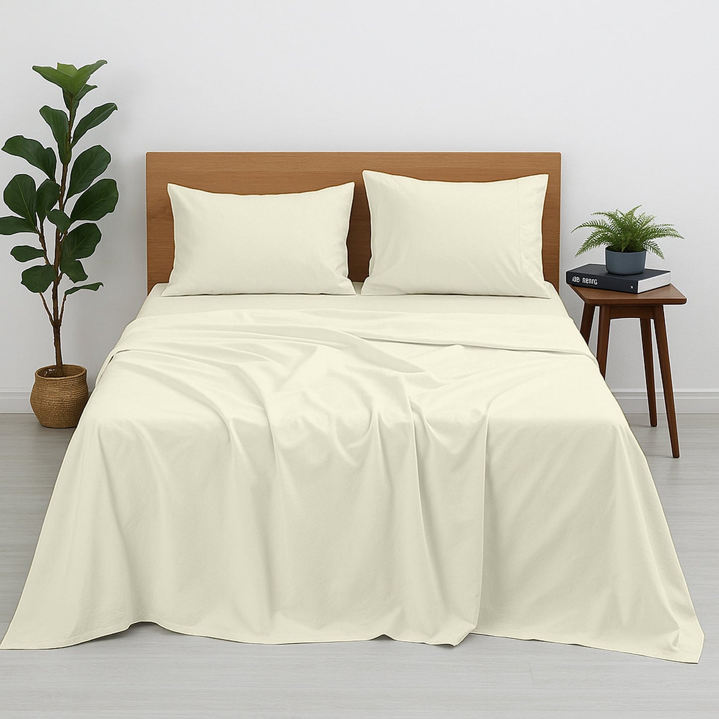 Premium 100% Cotton 4-Piece Bed Sheet Set | 400 TC | Flat Sheet, Elastic Fitted Sheet & 2 Pillow Covers | 10-Inch Deep Pocket (Ivory)