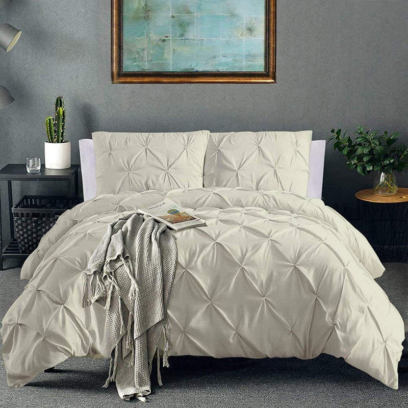Cotton Pinch Pleated Duvet Cover Set | Silky Soft Sateen Weave | Breathable Long Staple Cotton Bedding with Zipper Closure | 3-Piece Set (1 Duvet Cover + 2 Pillowcases) Ivory
